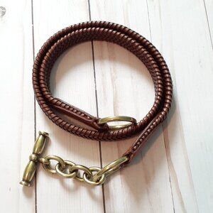 LRL Braided Leather Stretch Belt with Gold Toggle Closure/Buckle Brown Size M